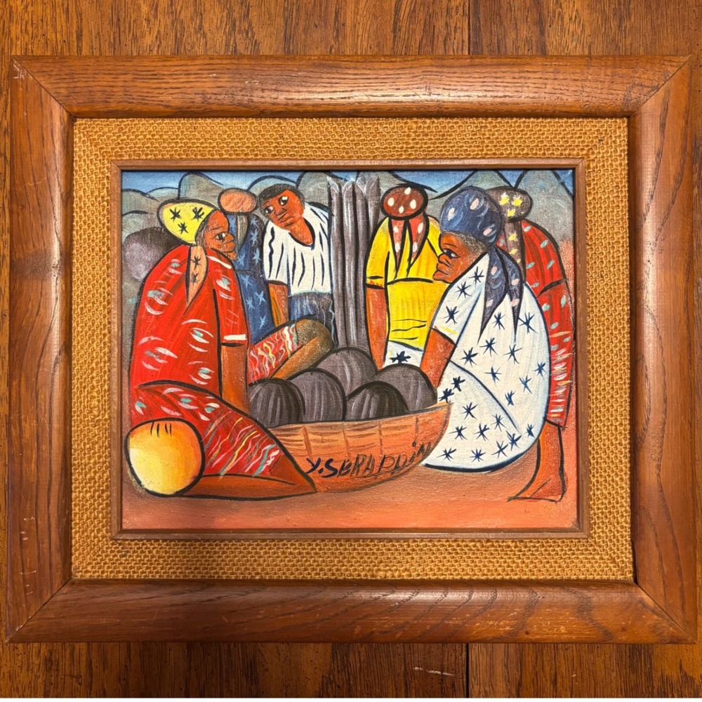 Vintage Y. Seraphin Haitian Folk Art Oil Painting Market Scene Framed 12x14